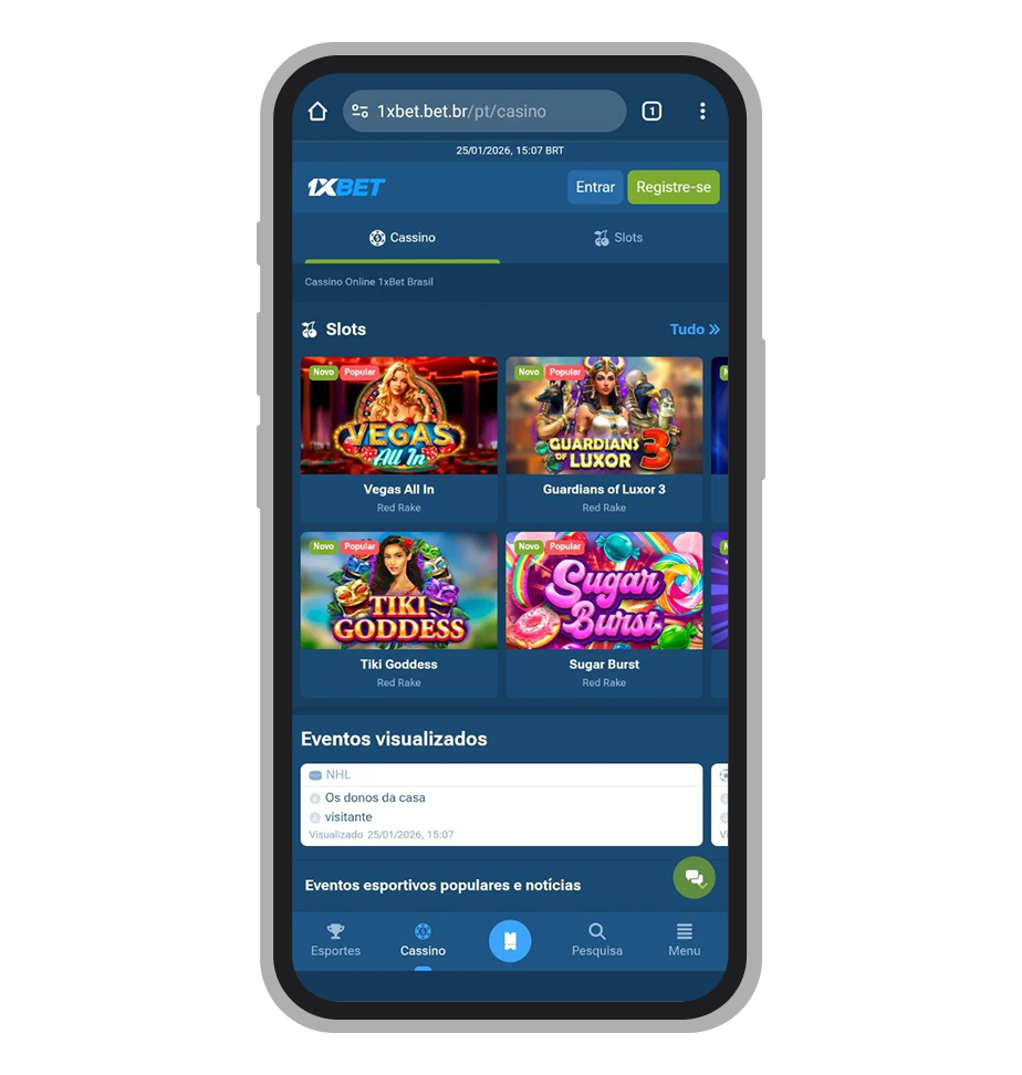 Área de cassino online da 1xBet no celular com jogos de slots populares
