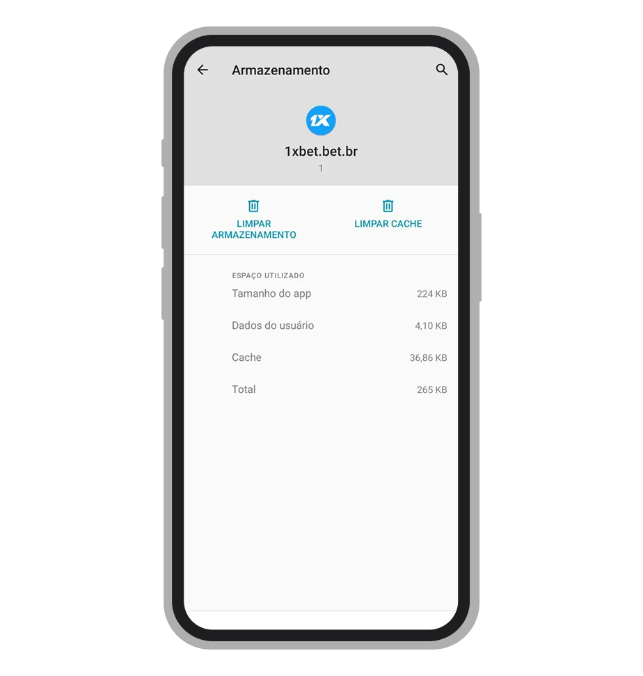 Espaço de armazenamento ocupado pelo PWA da 1xBet no Android