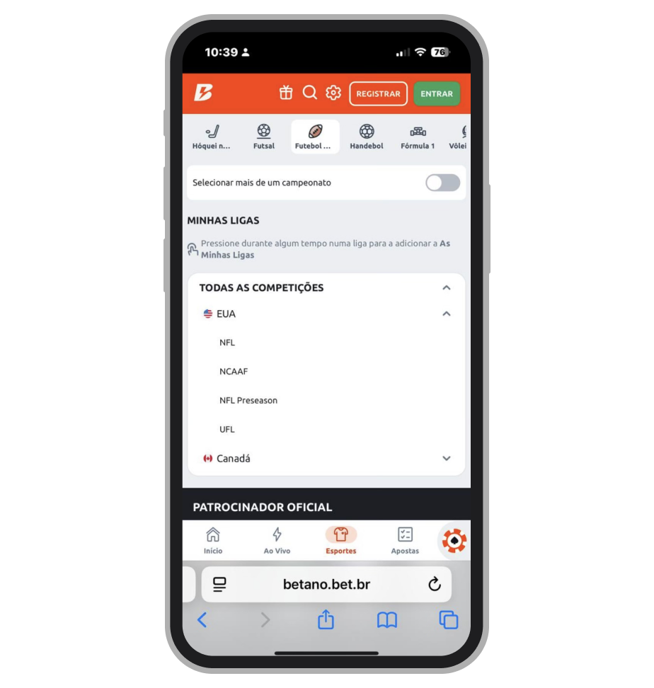 Apostas em NFL no site mobile da Betano
