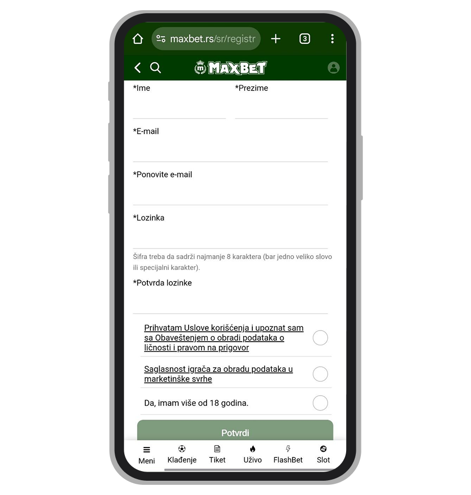 Stranica za registraciju MaxBet