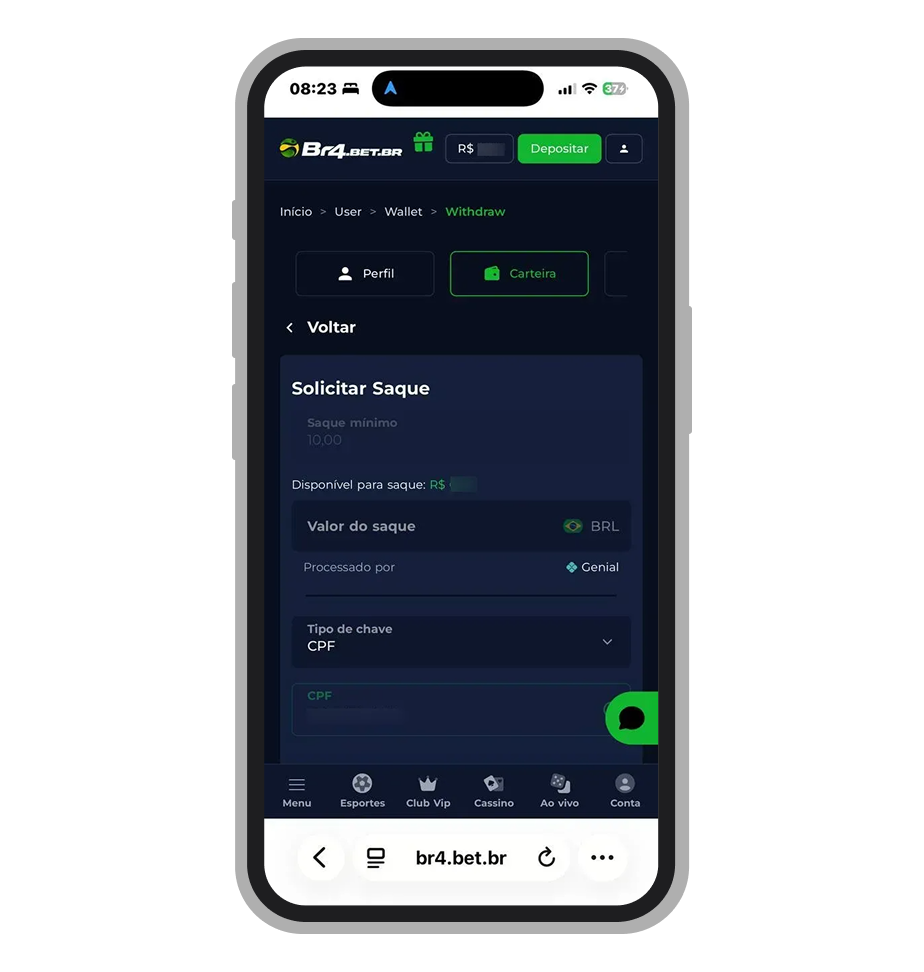 Seção de saque no site mobile Br4Beet