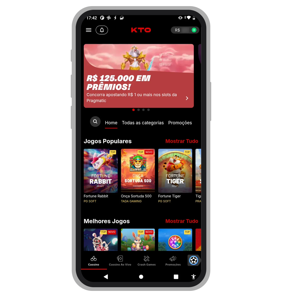 Seção de cassino no app KTO com crash games e Clube KTO