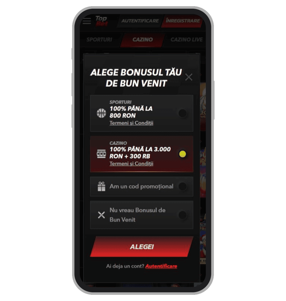 Selectarea bonusului de bun venit