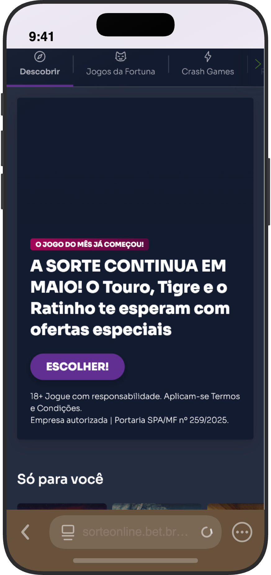 Tela principal do cassino Sorte Online com banner do jogo do mês de maio e categorias Descobrir, Jogos da Fortuna e Crash Games