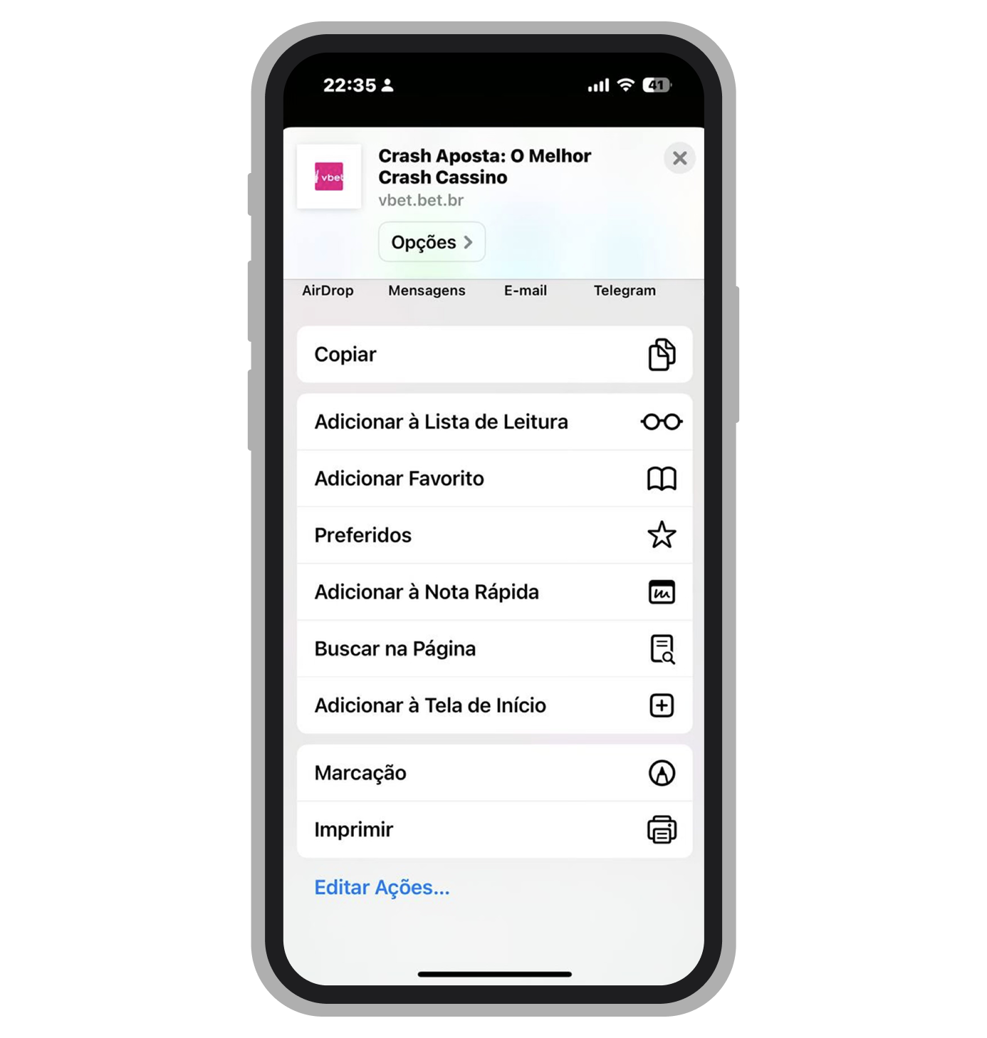 Criação de atalho para site VBET no iPhone