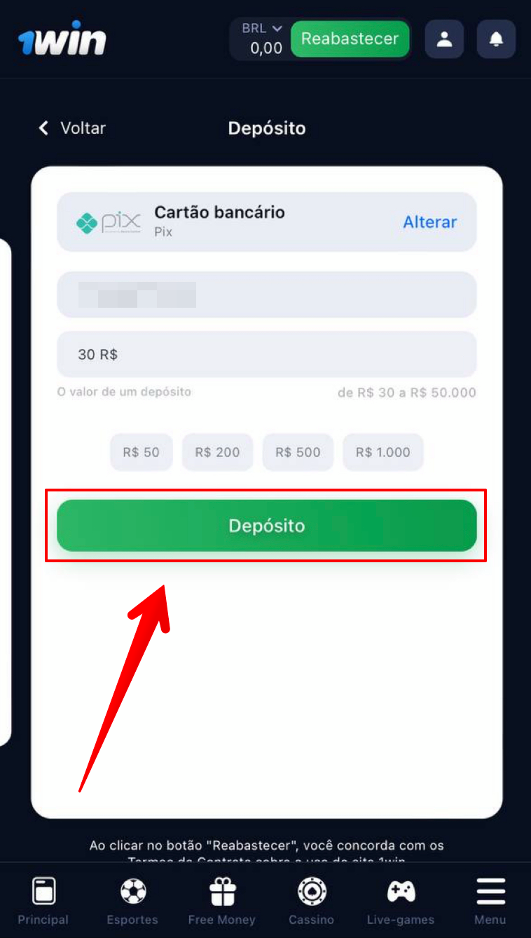 Informe o seu CPF e insere o valor que quer depositar