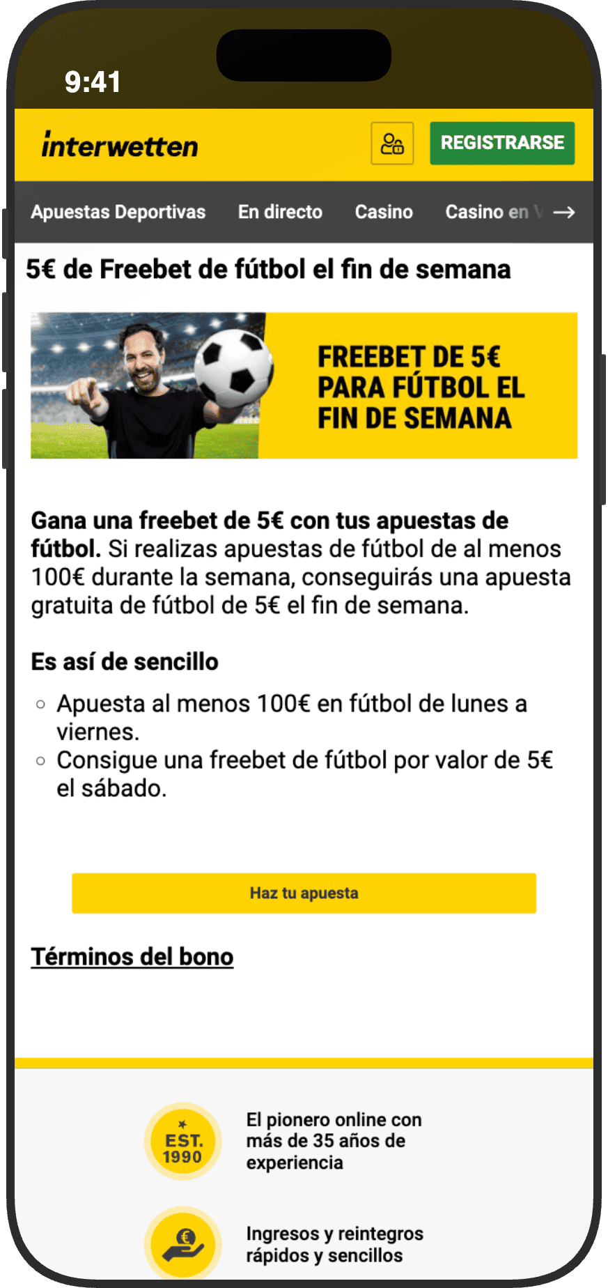 Promoción Freebet de 5 euros en Interwetten para fútbol el fin de semana apostando al menos 100 euros de lunes a viernes