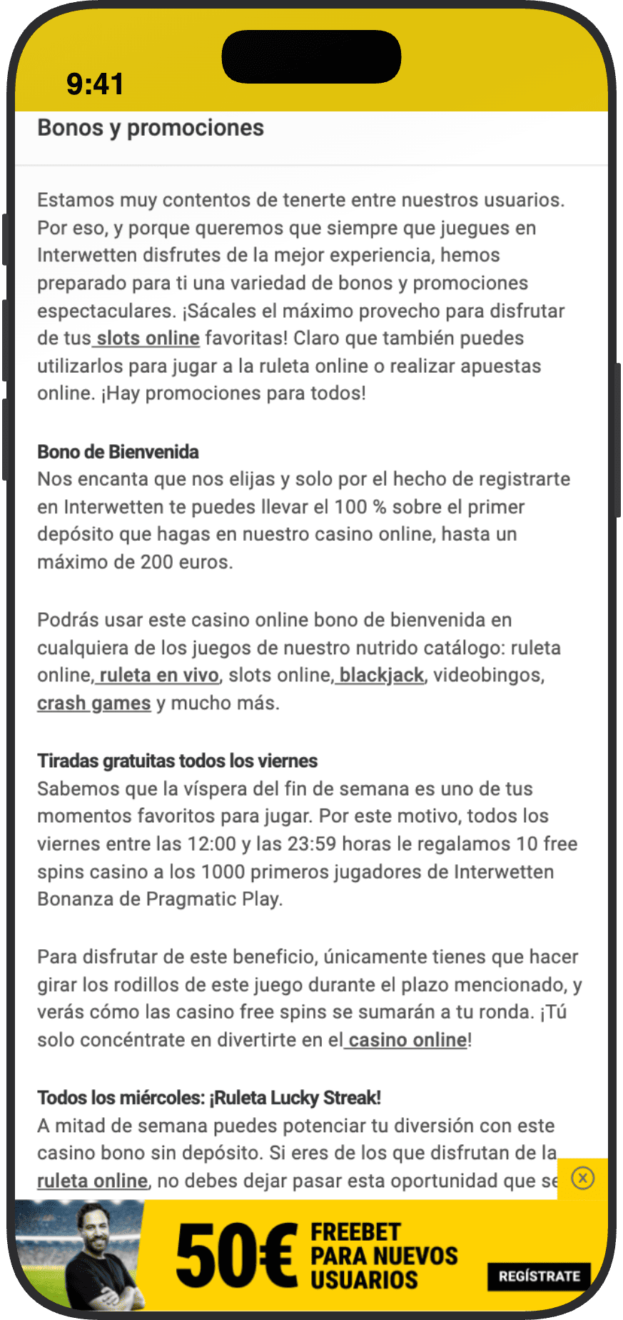 Página de bonos y promociones de Interwetten con bono de bienvenida casino del 100 por ciento hasta 200 euros, tiradas gratuitas los viernes y Ruleta Lucky Streak los miércoles