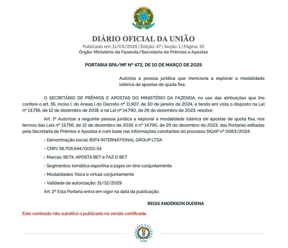 Autorização para operar no Brasil 