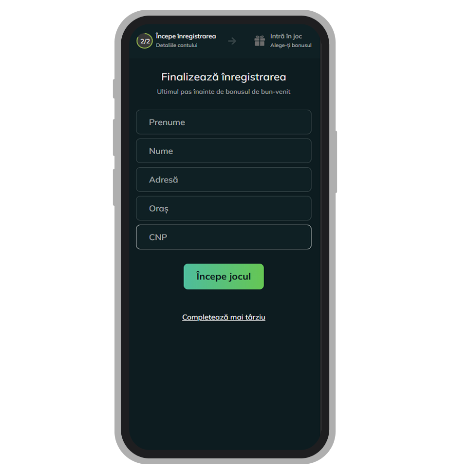 datele personale și finalizarea înregistrării