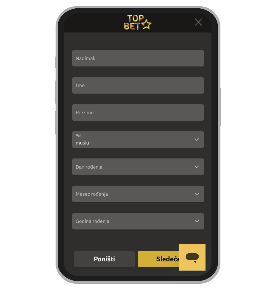 Stranica za registraciju na TopBet
