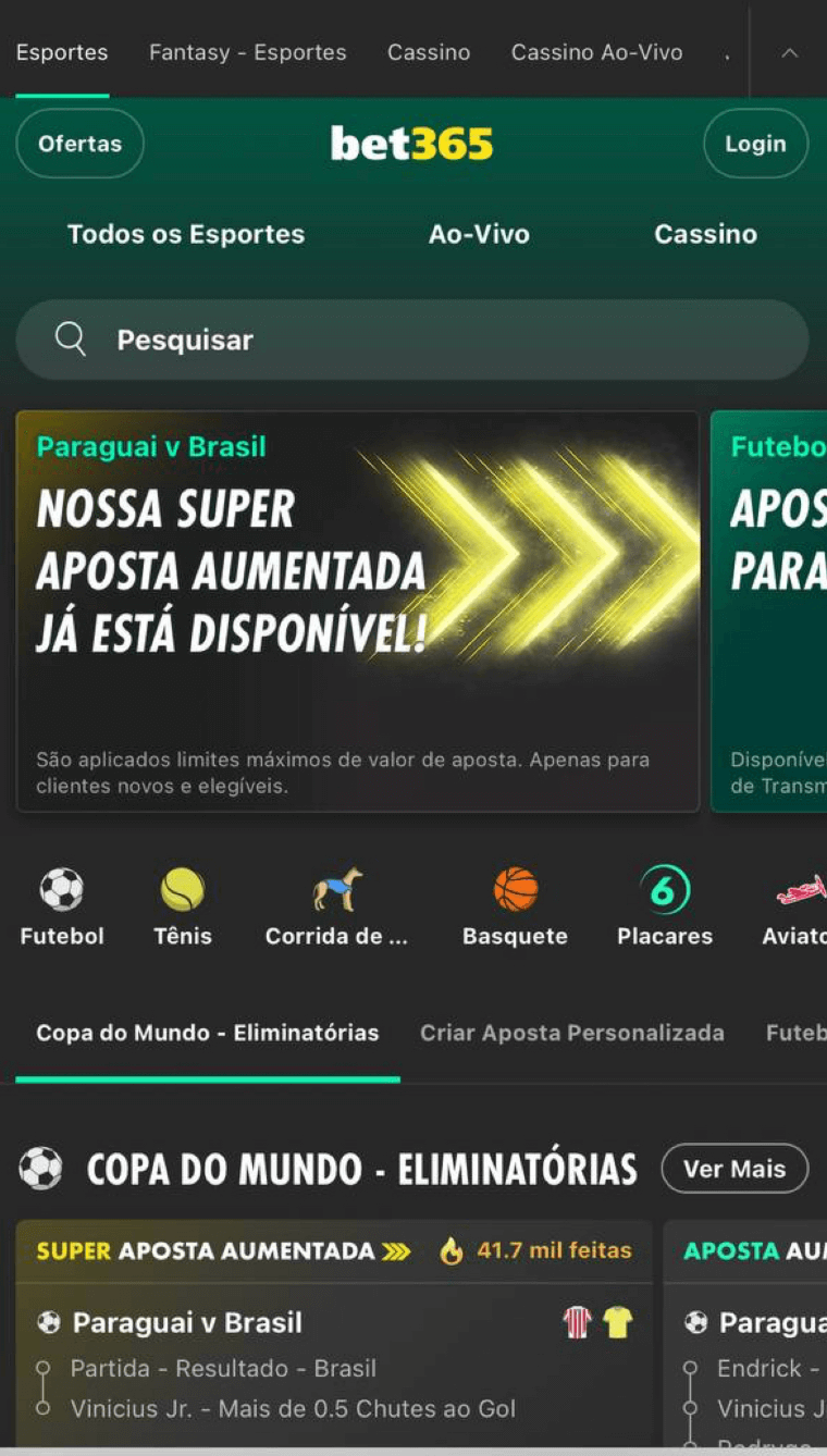 A página inicial do site mobile Bet365