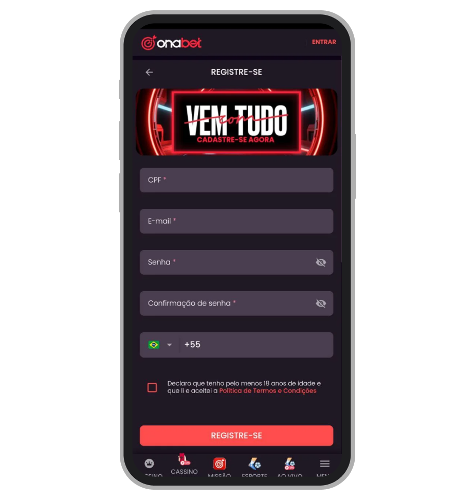 Tela de cadastro do Onabet (“Registre-se”) mostrando o formulário com CPF, e-mail, senha e confirmação