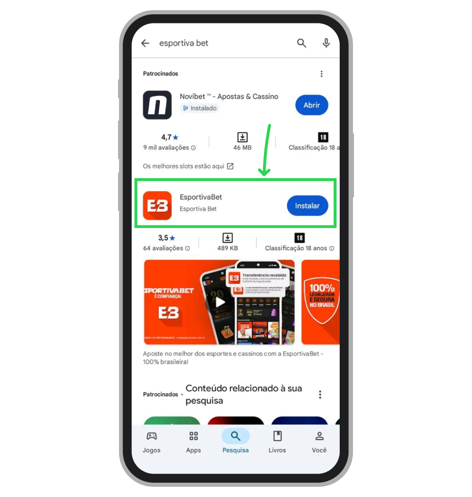 Resultado da busca pelo aplicativo Esportiva.bet na Google Play 