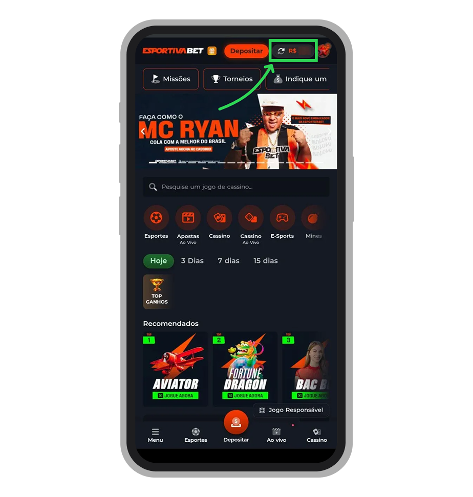 Toque no saldo da conta