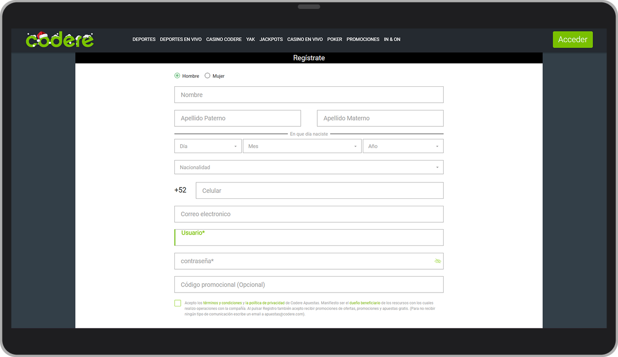 Codere formulario de registro