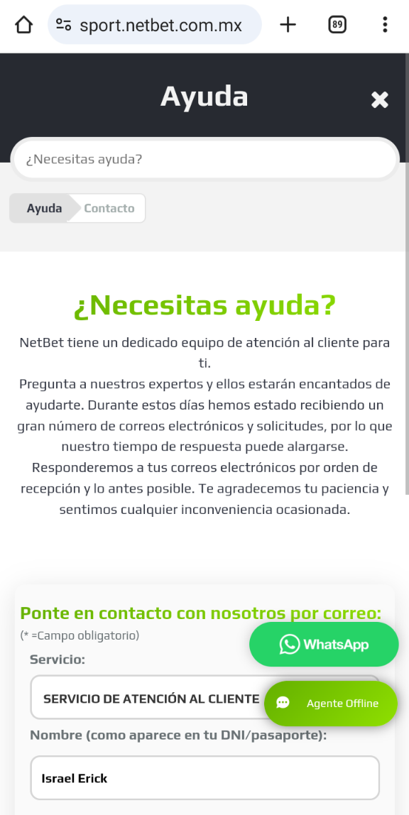 Contacto telefónico, WhatsApp y correo electrónico