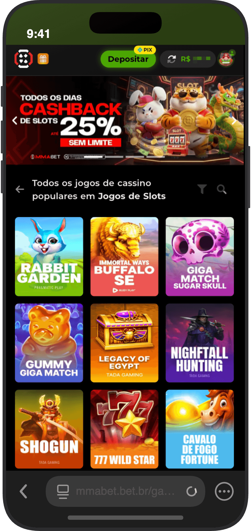 Seção de slots populares no cassino MMABet com Fortune Rabbit e Buffalo King