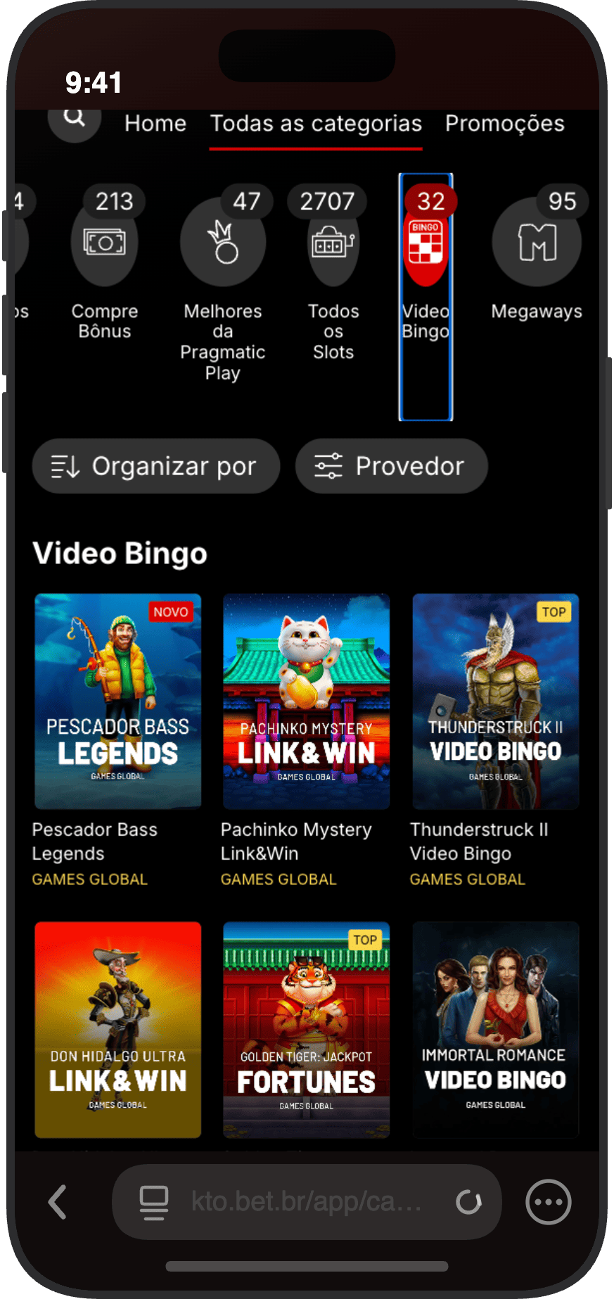 Seção de Vídeo Bingo do KTO com 32 títulos da Games Global incluindo Pachinko Mystery e Thunderstruck II