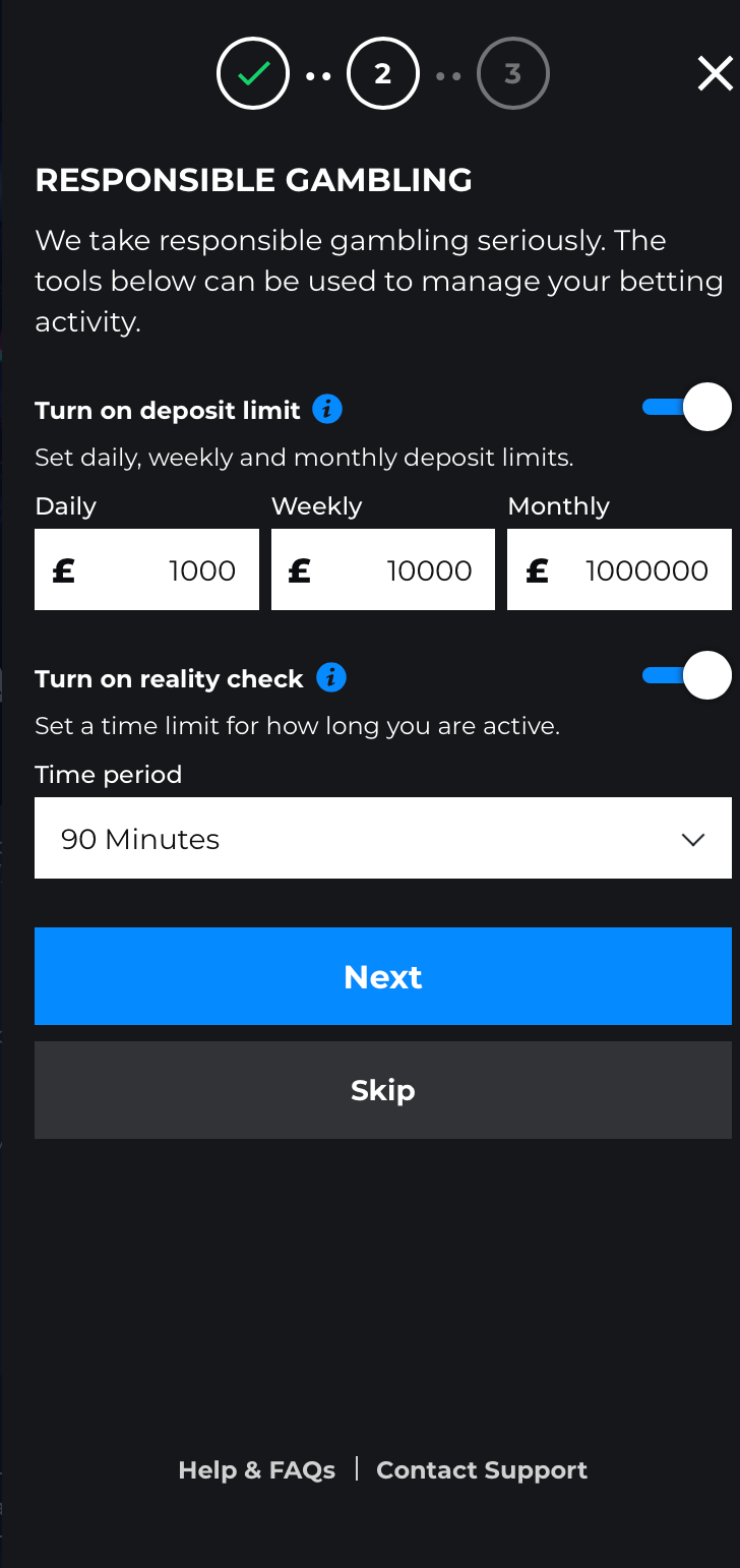 Pick deposit limit and reality check