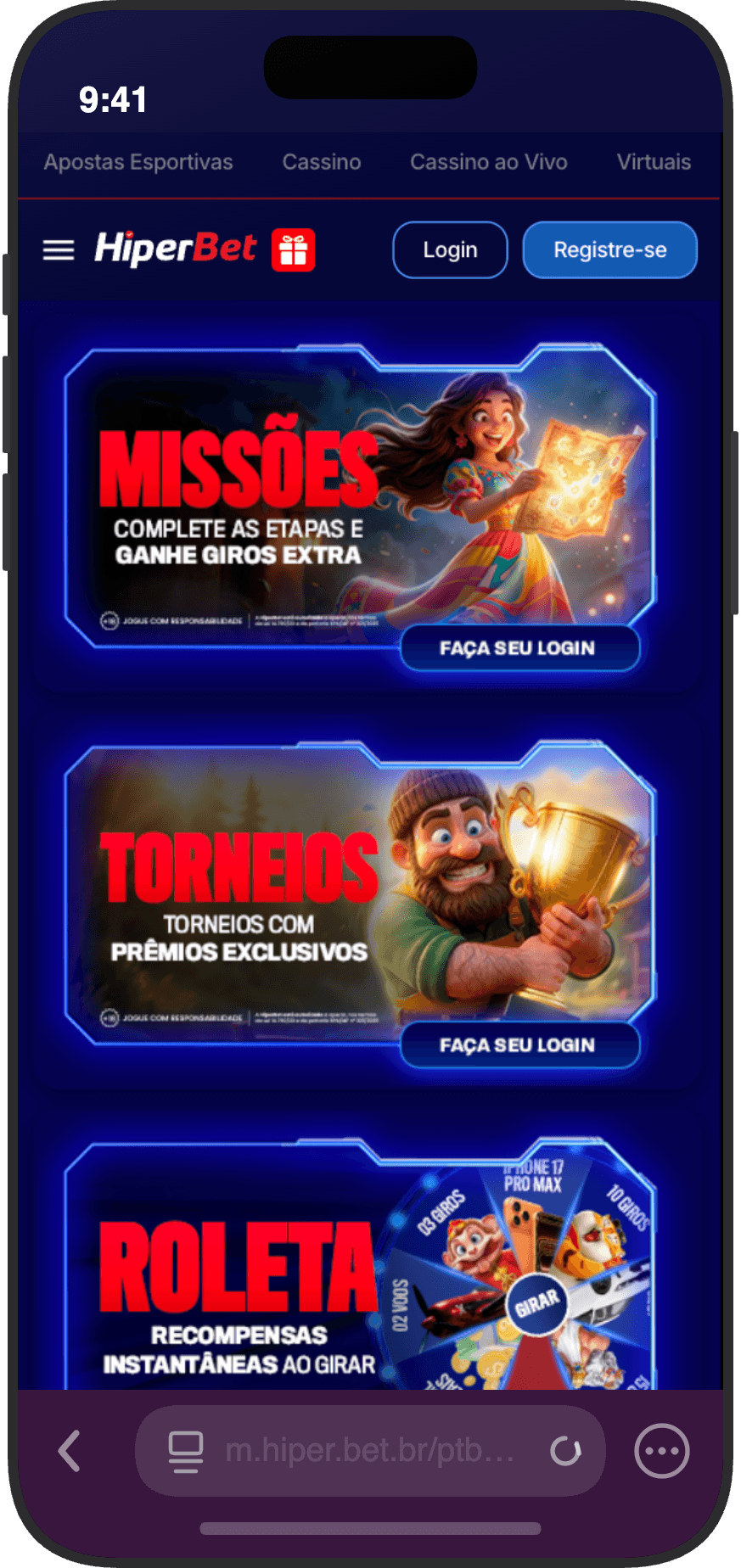 Página de promoções da HiperBet com Missões, Torneios e Roleta Diária