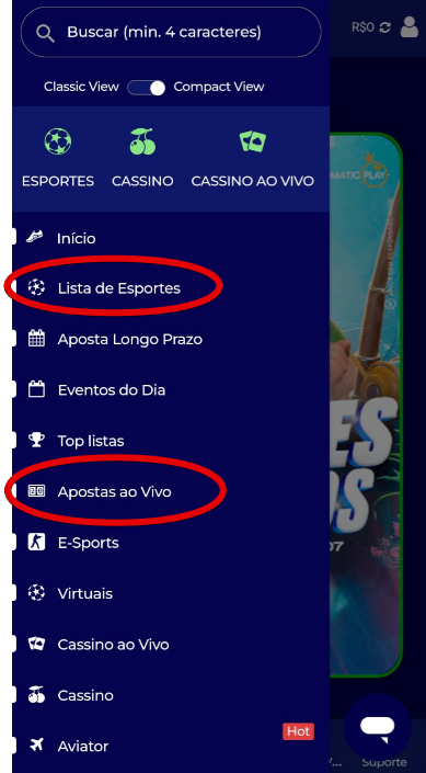 Escolhe no menu principal para “Lista de Esportes” ou "Apostas Ao vivo"