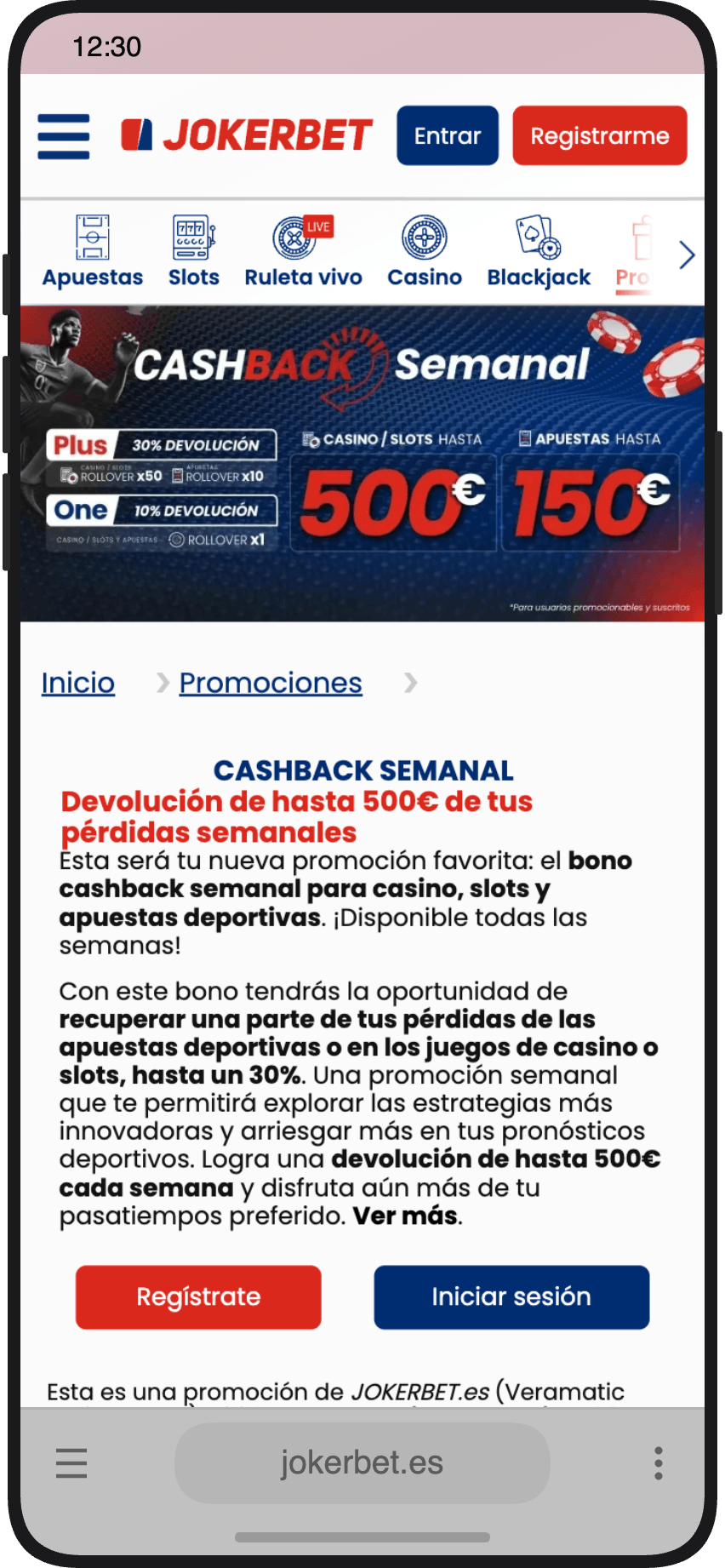 Página de la promoción de cashback semanal con devolución de hasta 500€ en casino y 150€ en apuestas en JOKERBET
