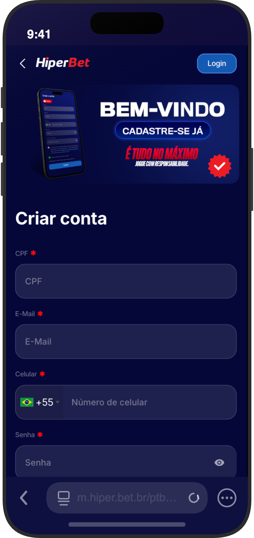 Tela de cadastro da HiperBet com campos CPF, e-mail, celular e senha