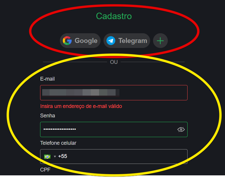 Selecione um dos métodos de cadastro 
