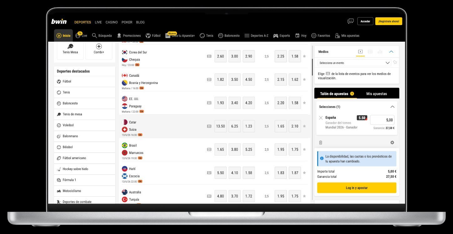 Cuotas del Mundial 2026 en Bwin con partidos de fase de grupos