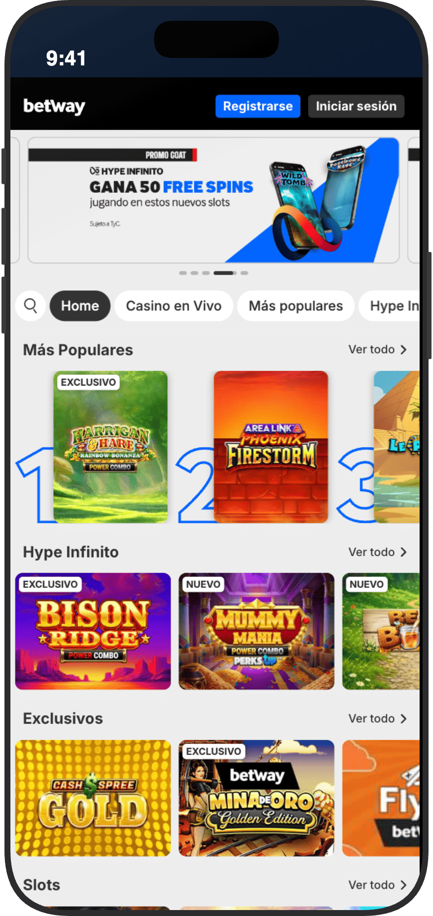Lobby del casino de Betway España con banner promocional de 50 Free Spins del Hype Infinito y secciones de slots Más Populares y Exclusivos