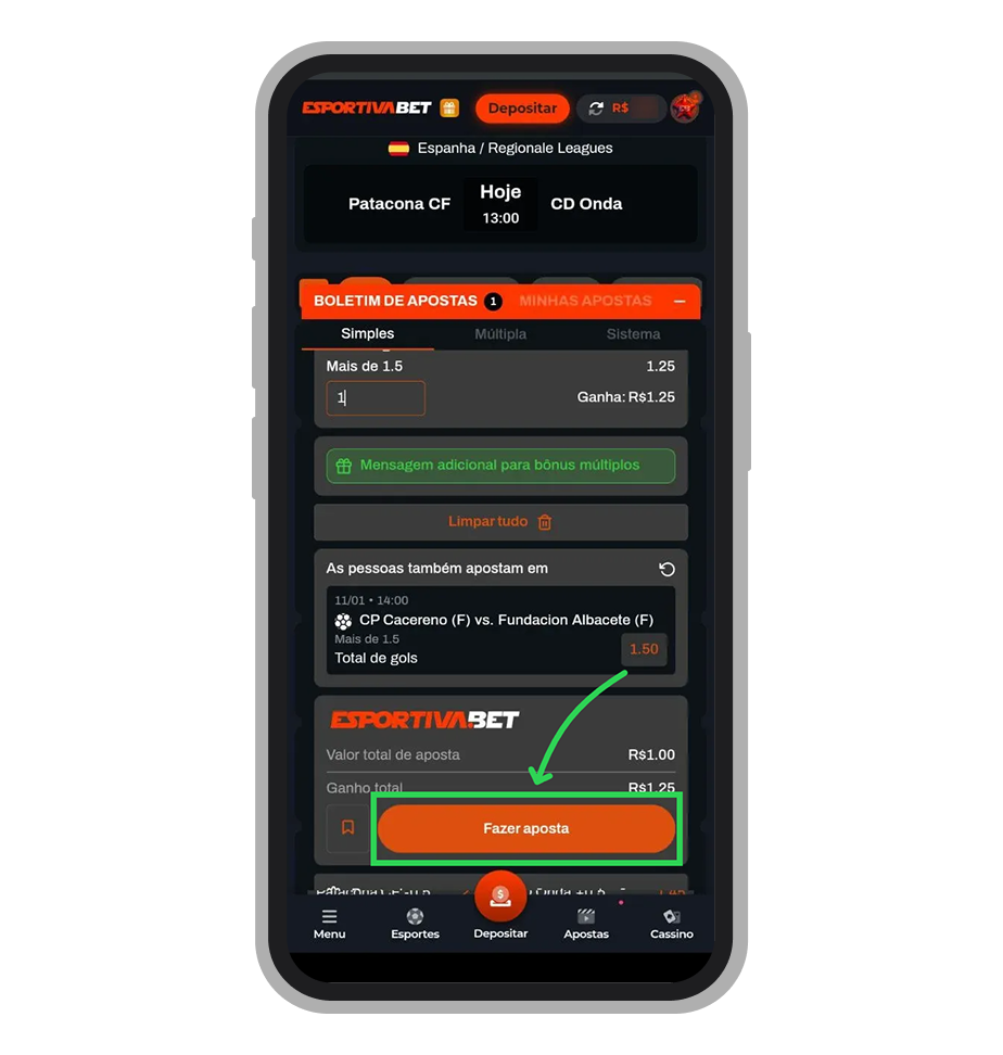 Defina o valor de aposta e confirme clicando em “Fazer aposta”
