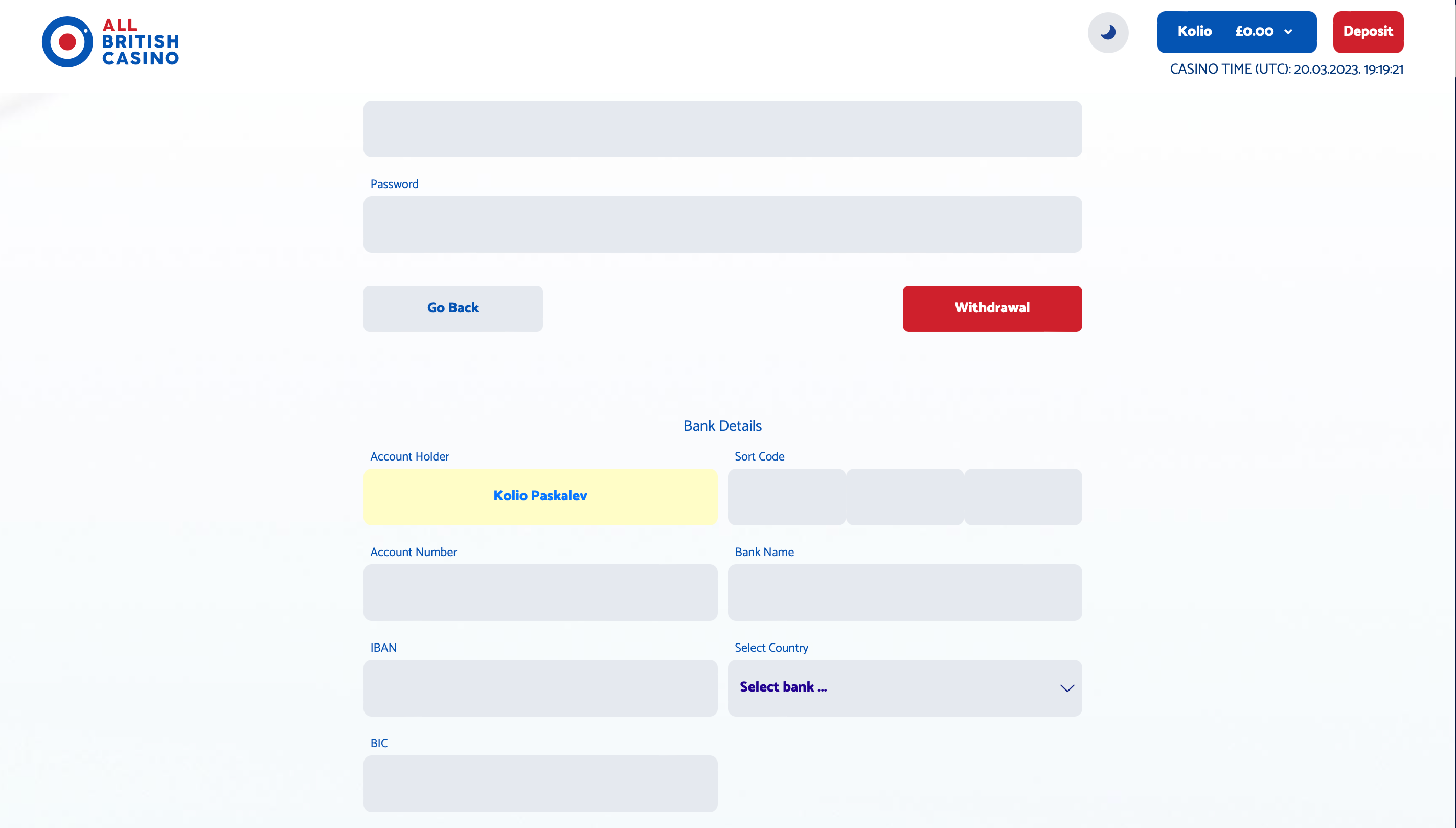 Enter the withdrawal method details.