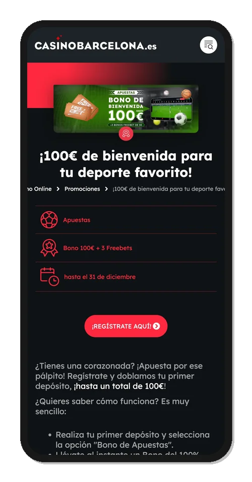 Bono de bienvenida de Casino Barcelona: 100€ de bono en apuestas deportivas más 3 Freebets de 3€