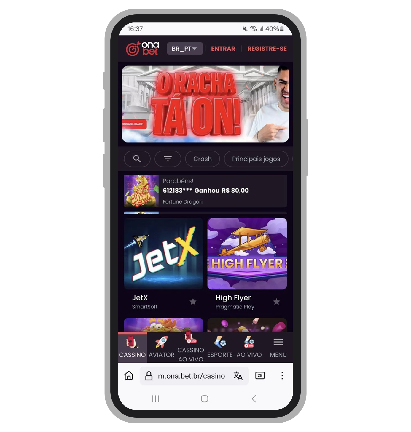 Site Onabet aberto no dispositivo Android
