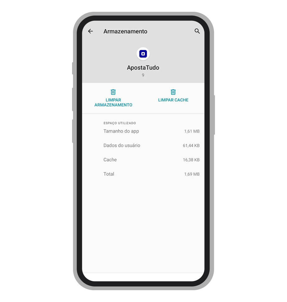 Tela de armazenamento do aplicativo Apostatudo no Android 