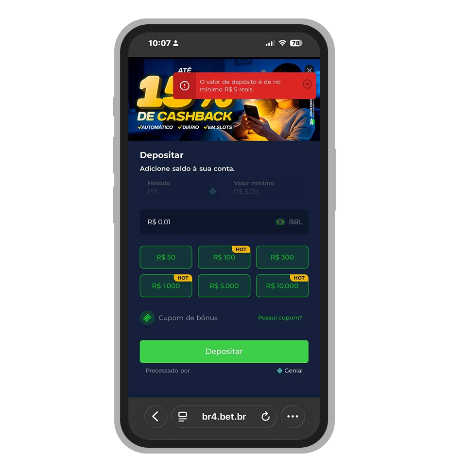 Tela de depósito via Pix no cassino Br4Bet com valor mínimo de R$ 5 e atalhos rápidos