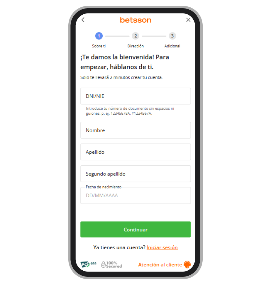 Formulario de registro de Betsson