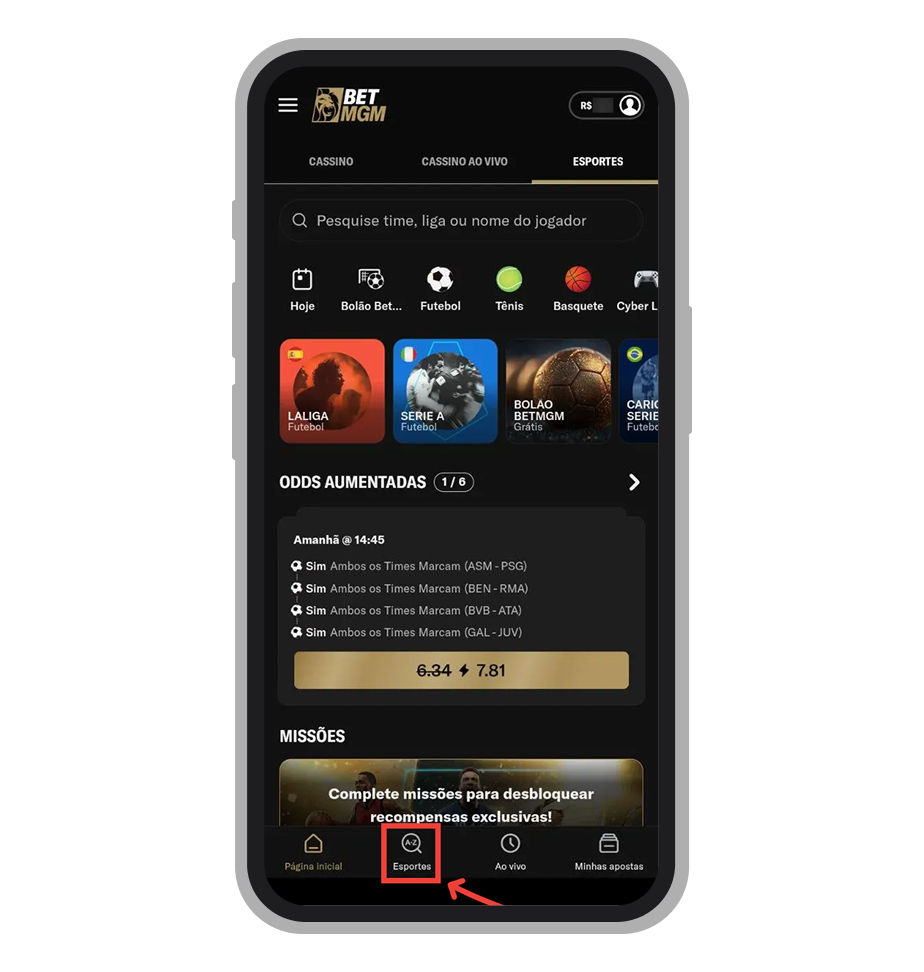 Toque na aba Esportes do menu inferior