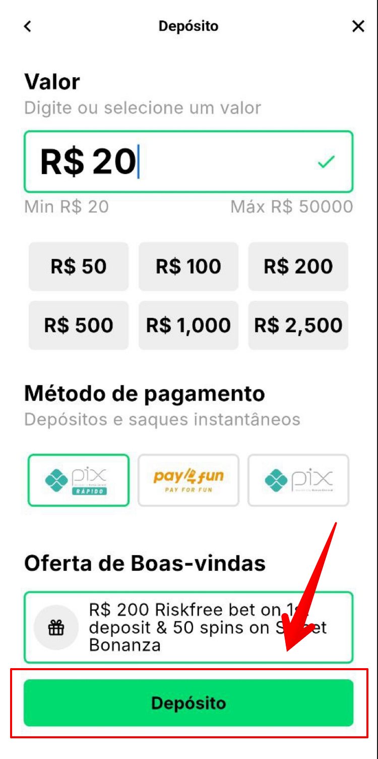 Escolhe método, valor de depósito e prosegue clicando em “Depositar”
