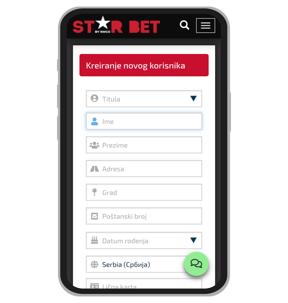 Stranica za registraciju na StarBet