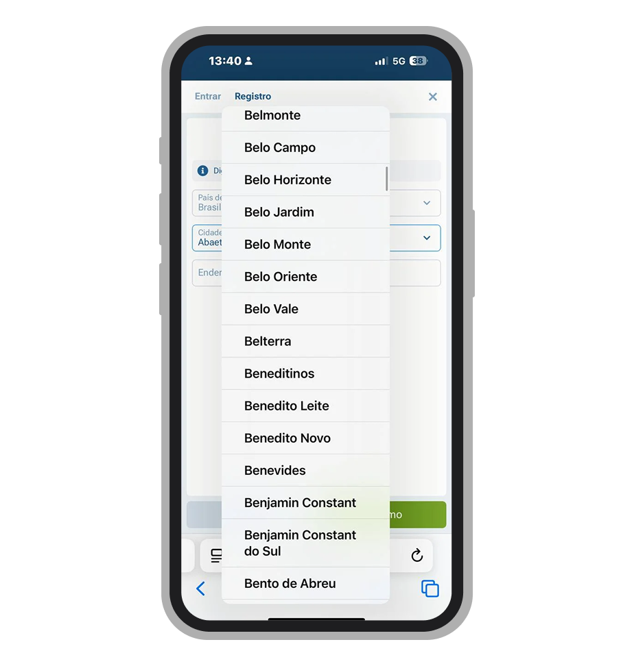 Role a lista e selecione sua cidade de residência manualmente entre as opções disponíveis no sistema