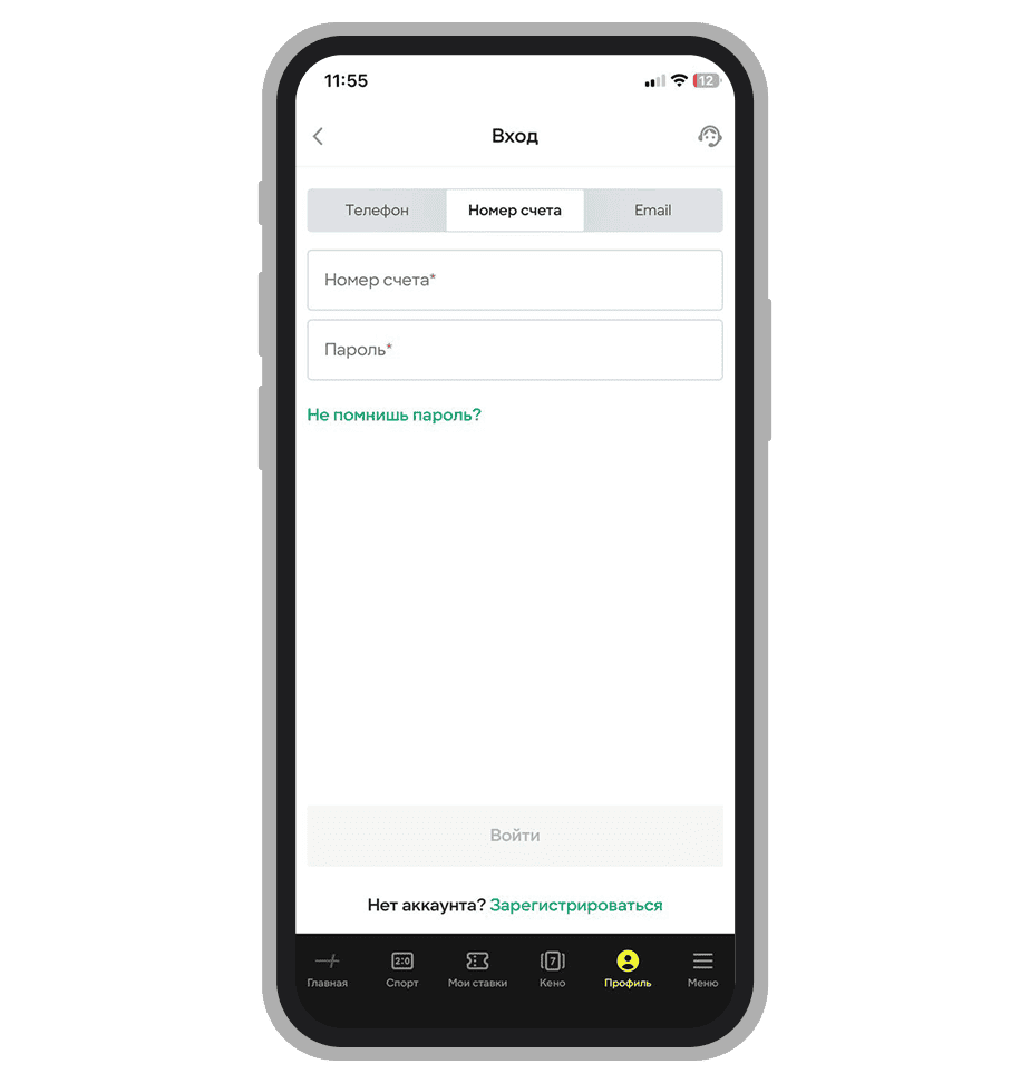 Вход по номеру счёта