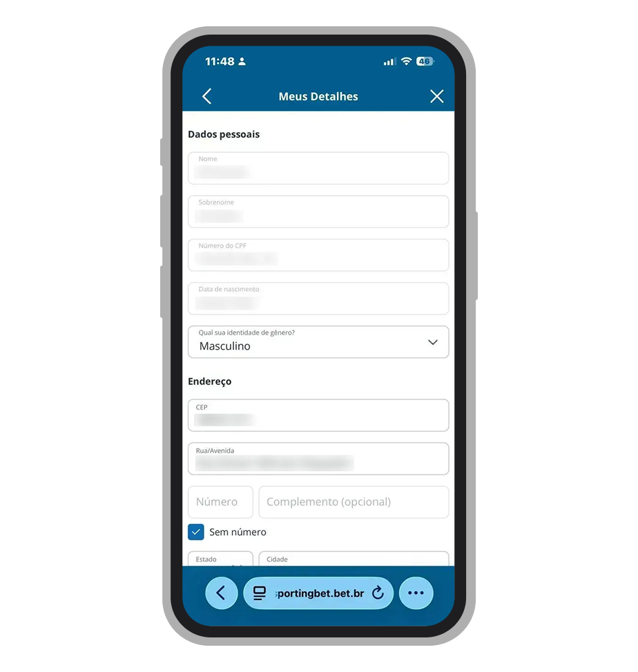 A seção de dados pessoais e verificação da conta no site Sportingbet