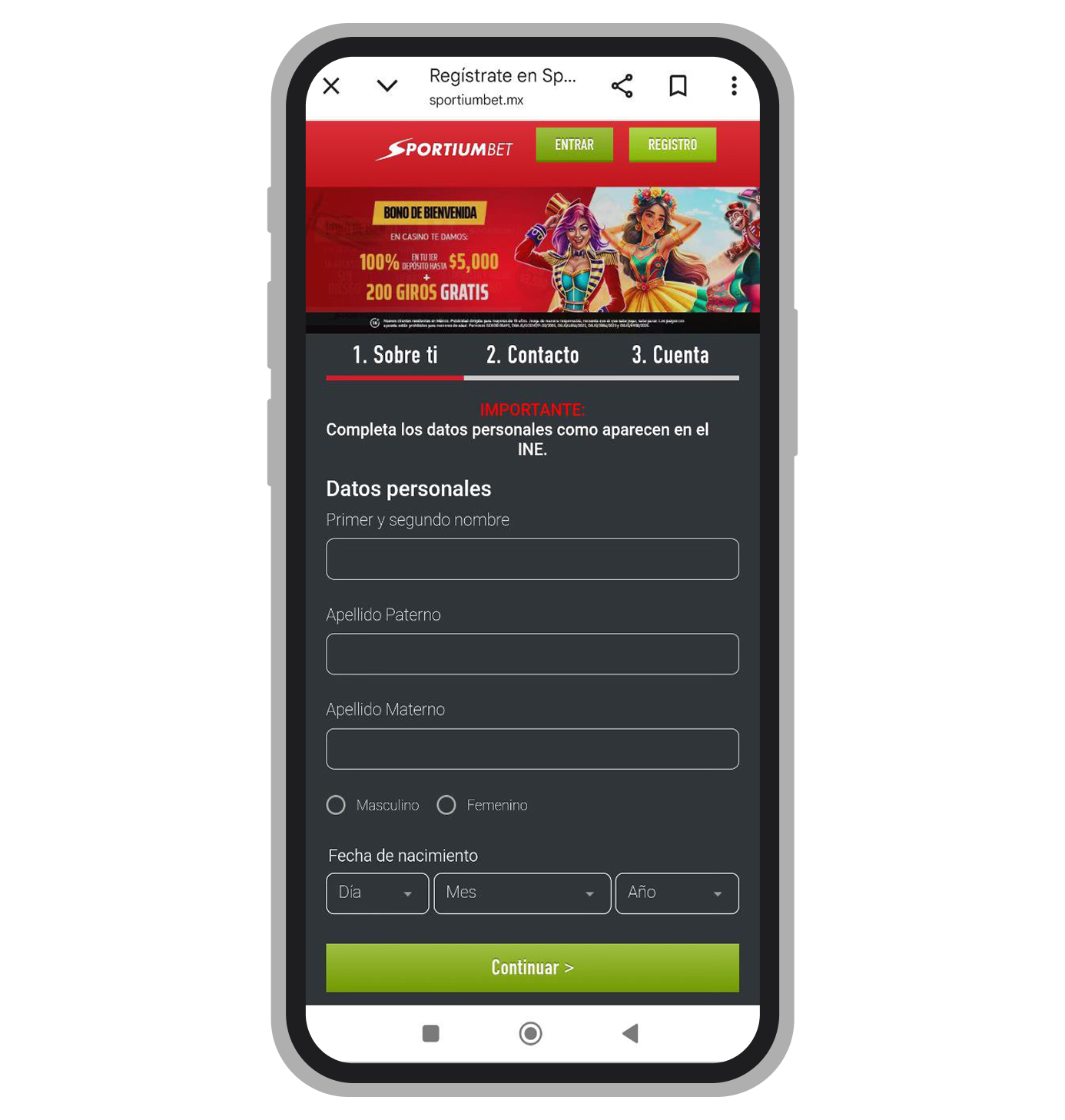 Ventana de registro. Etapa 1