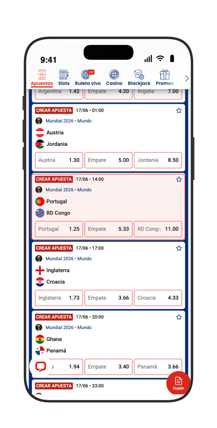 Localiza Portugal vs RD Congo (17/06) en la lista de partidos del Mundial 2026 en JOKERBET