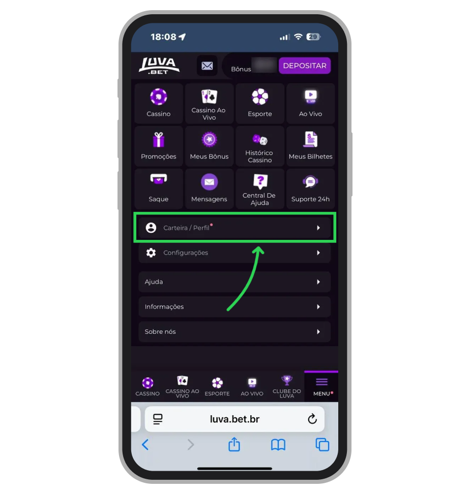 Selecione a categoria "Carteira" nas configurações para acessar o saldo disponível