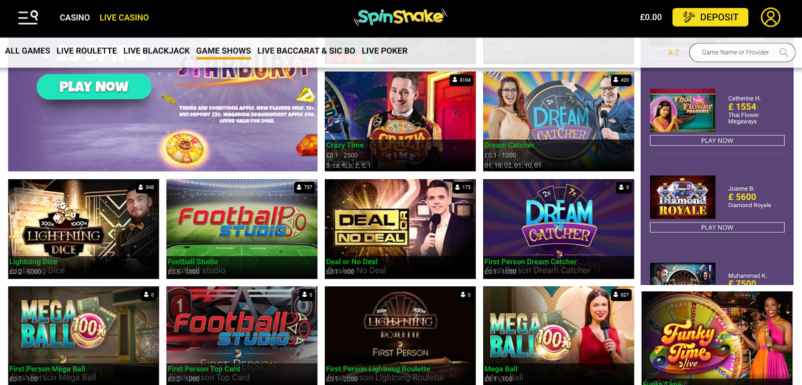 Game Shows at Spin Shake Live Casino