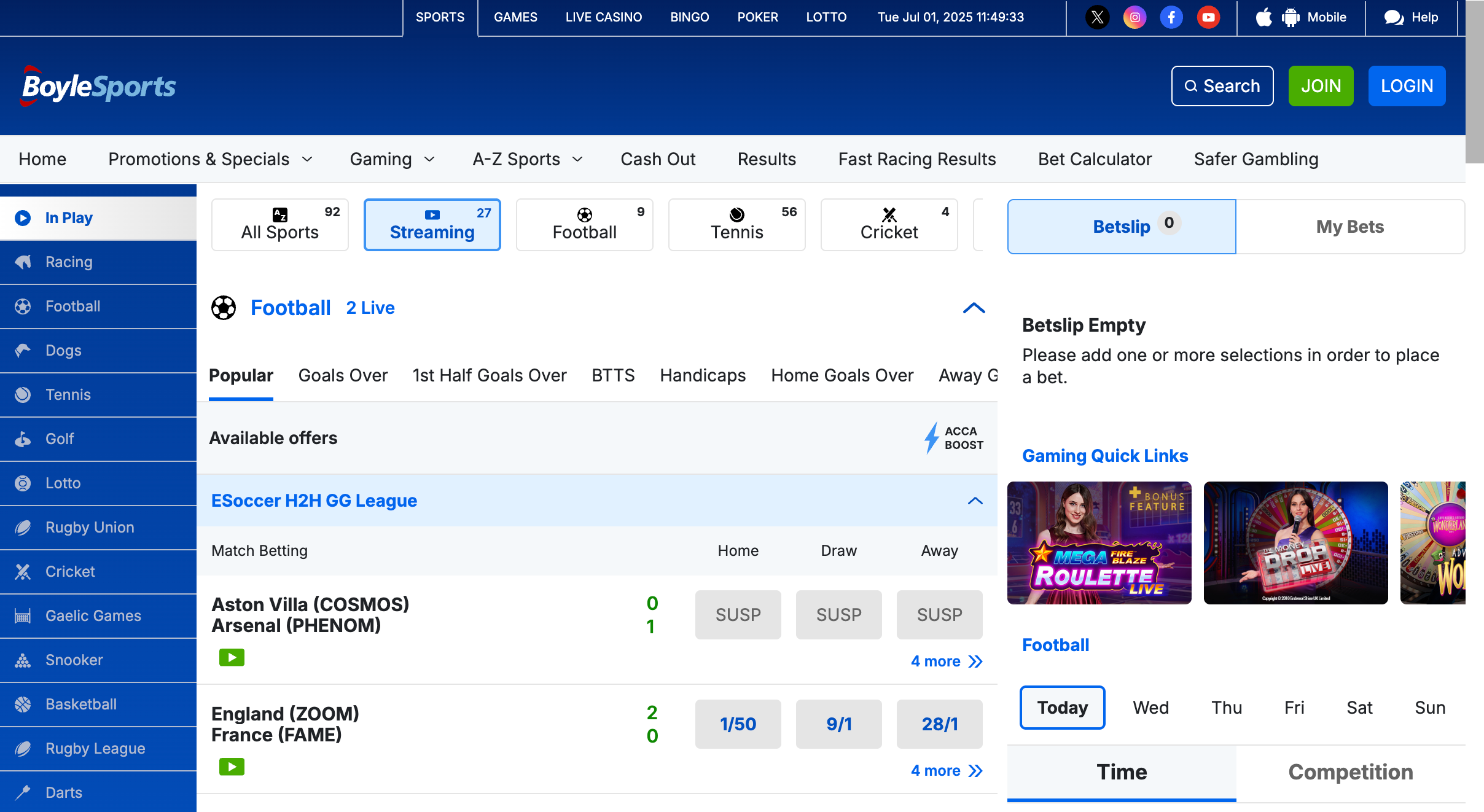 The BoyleSports streaming section