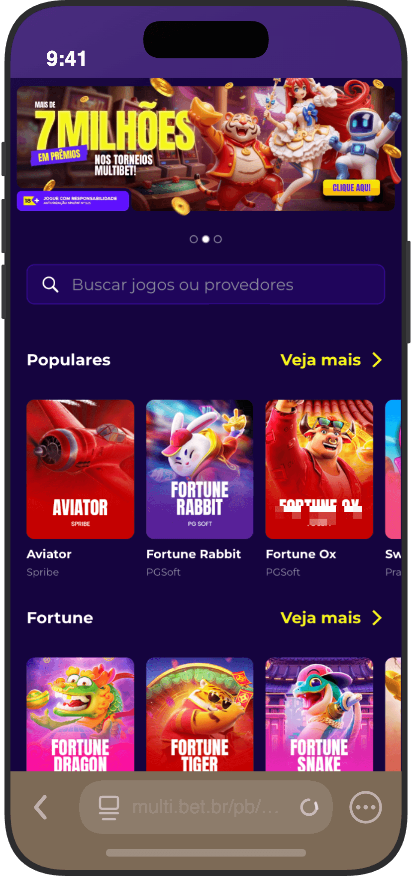 Tela inicial da Multibet no celular com jogos populares como Aviator e Fortune